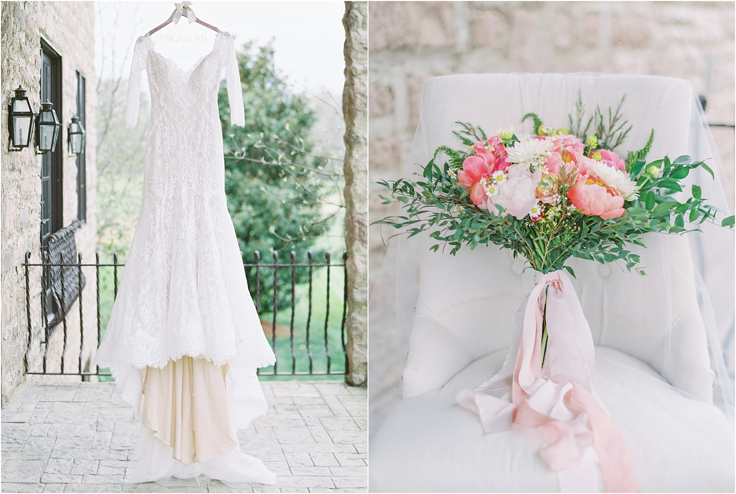 Lace Wedding Dress Bridal Style Chateau Selah Coral Charm Peony Bridal Bouquet