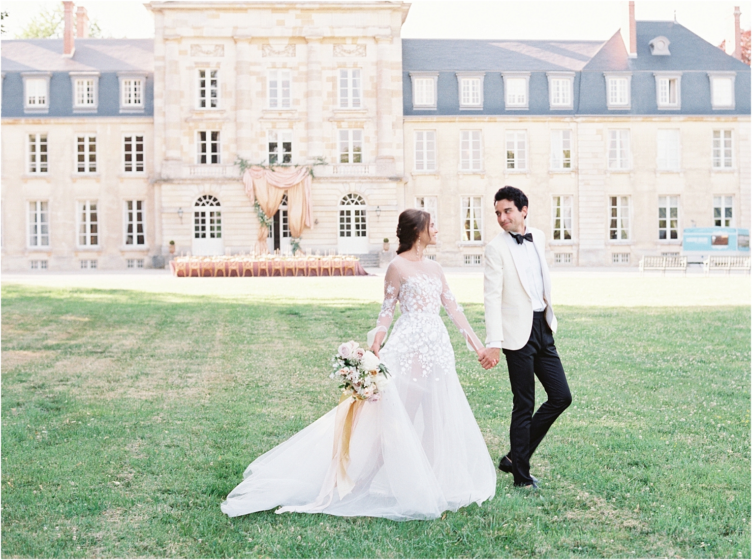 Chateau Wedding Bride and Groom French Couture Mira Zwillinger White Tuxedo Jacket