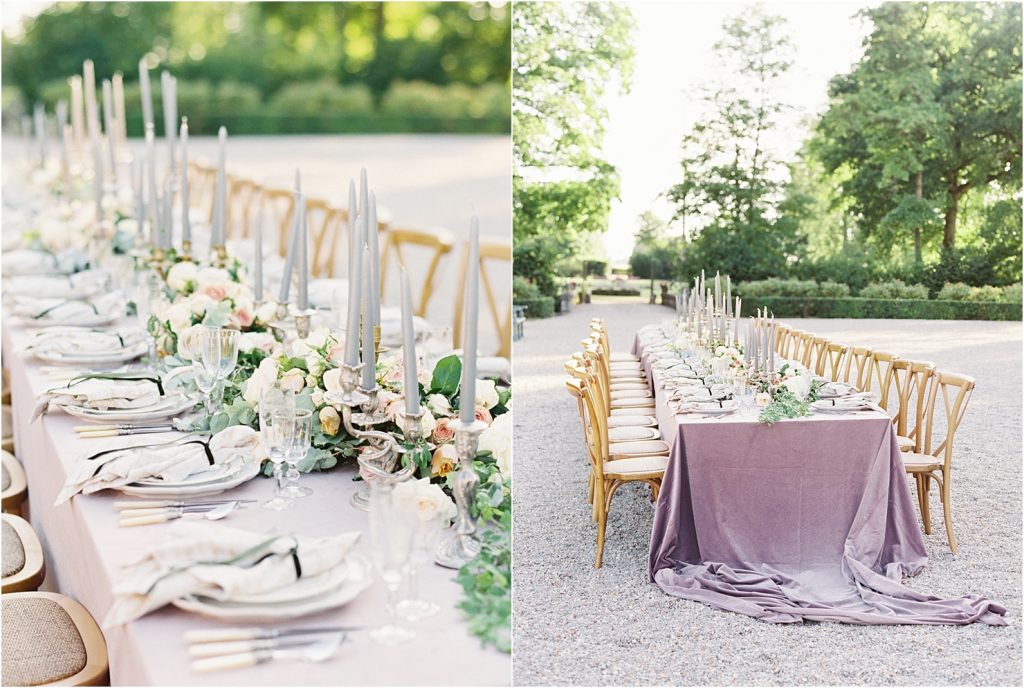 Style Me Pretty Chateau Wedding Purple Velvet Gold Satin Backdrop Tablescape Normandy