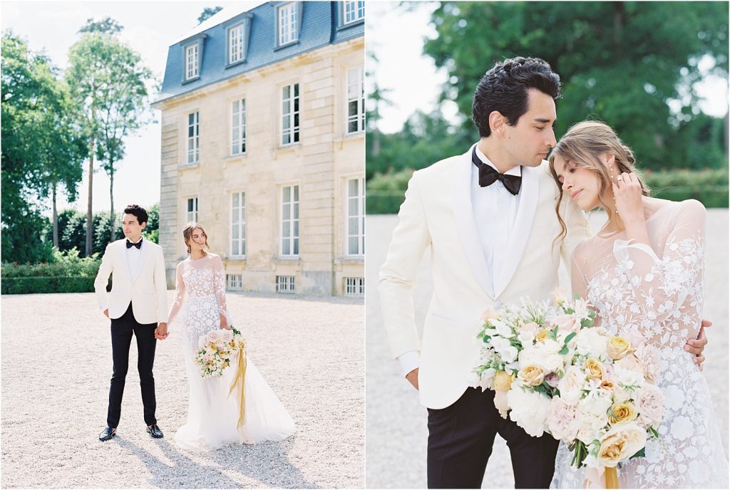 Chateau Wedding Bride and Groom French Couture Mira Zwillinger White Tuxedo Jacket Tablescape Velvet Backdrop Janna Brown Oleander Curated