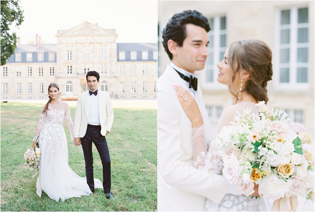 Chateau Wedding Bride and Groom French Couture Mira Zwillinger White Tuxedo Jacket