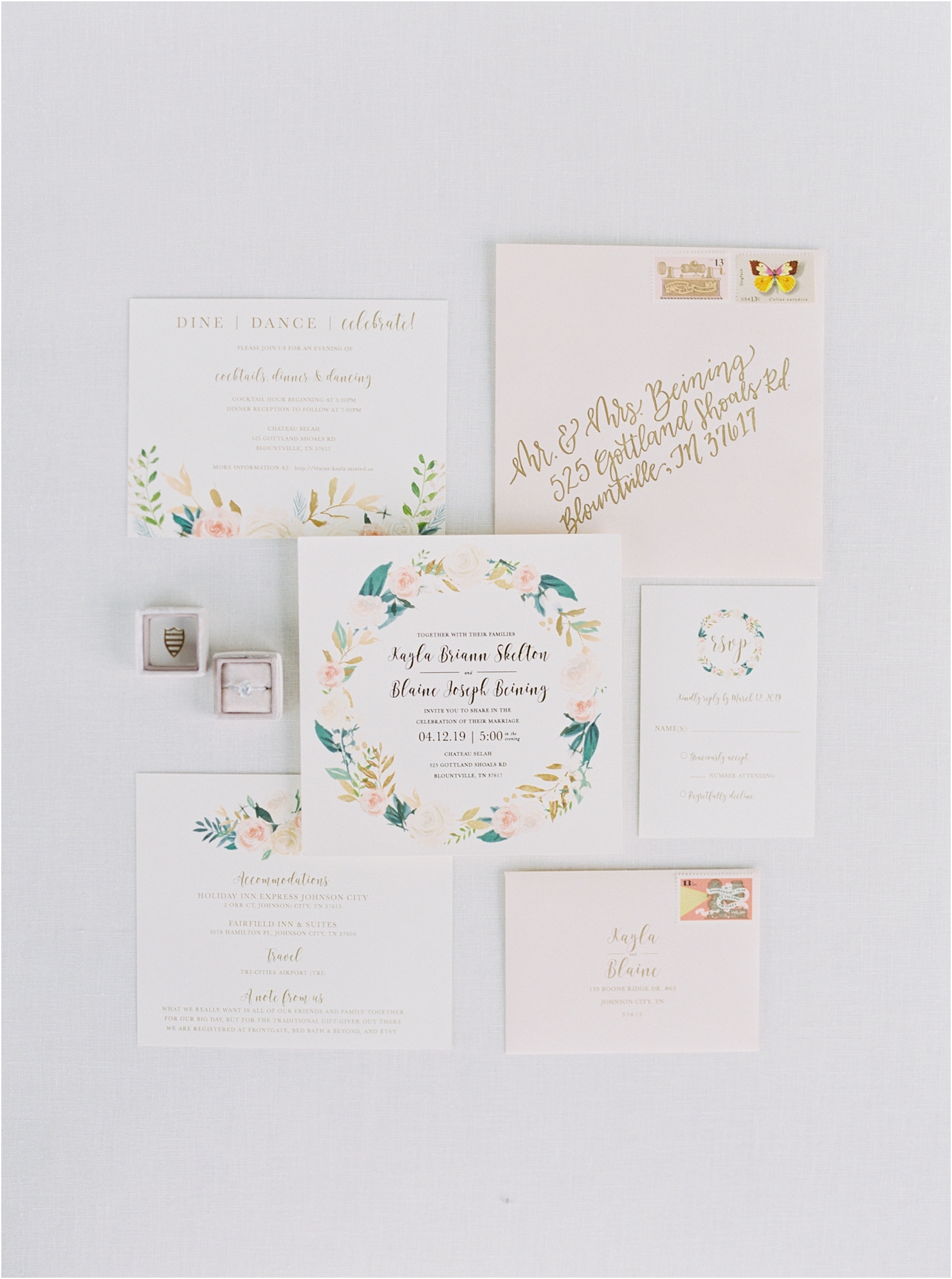 Chateau Selah Wedding Photographer Invitation Suite Blush Gold Linen Mrs Box