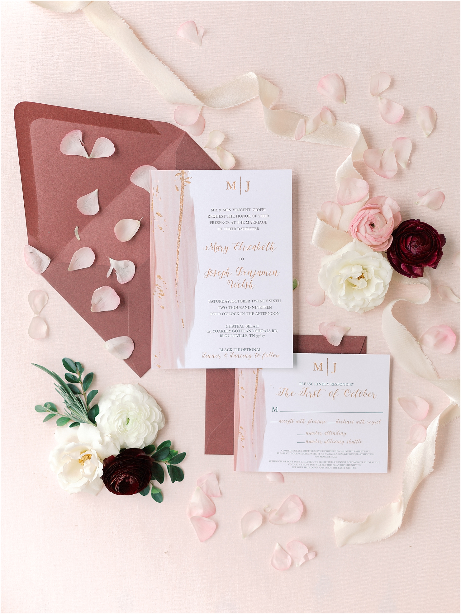 Wedding Invitation Suite Burgundy Blush Rose Petals Silk Ribbon Chateau Selah Madeline Trent Type Wright Lettering Studio