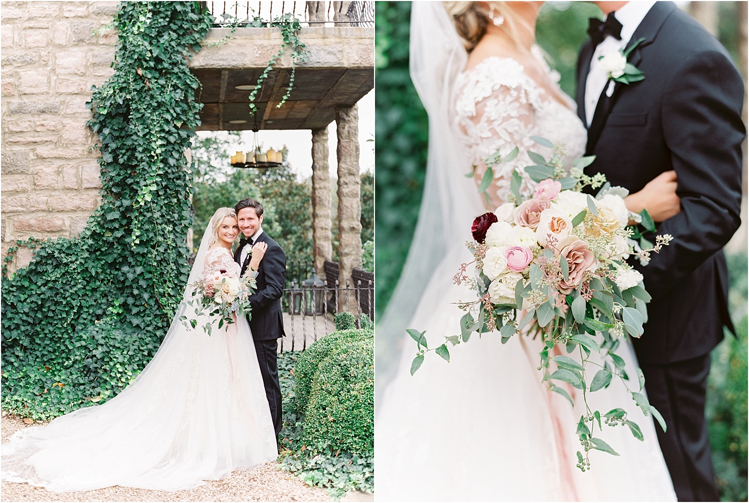 Bride and Groom Evelyn Bridal Gown English Ivy French Balcony Architecture Chateau Chateau Selah Madeline Trent Romantic Wedding Photographer