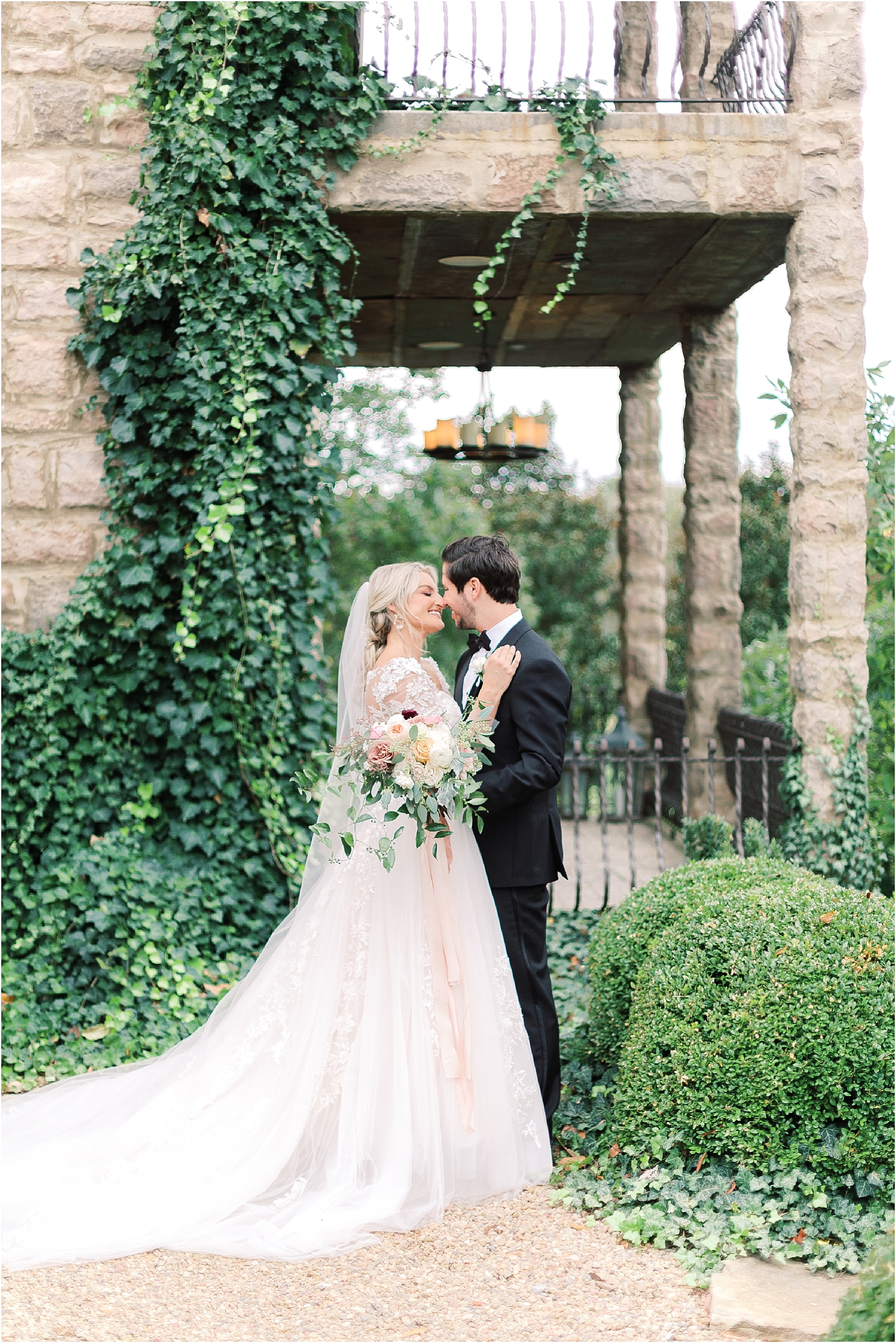 Bride and Groom First Look Evelyn Bridal Gown English Ivy French Balcony Architecture Chateau Chateau Selah Madeline Trent Romantic Wedding Photographer