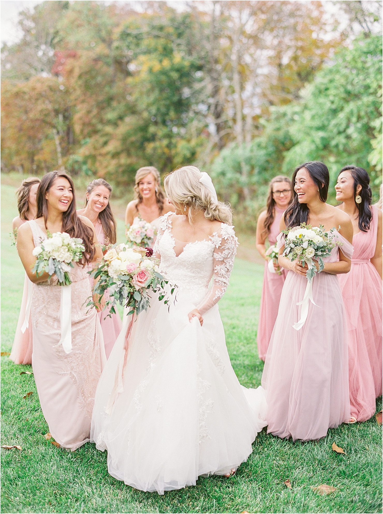 Bridesmaids Blush Revelry Adrianna Papel Blush Mix Matched Dresses Evelyn Bridal Gown English Ivy French Balcony Architecture Chateau Chateau Selah Madeline Trent Romantic Wedding Photographer