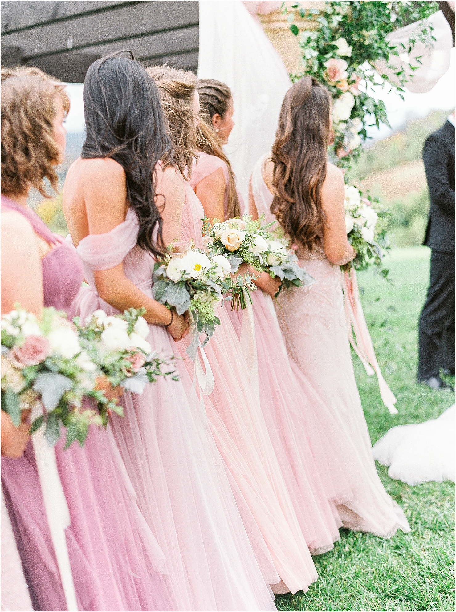Bridesmaids Blush Revelry Adrianna Papel Blush Mix Matched Dresses Evelyn Bridal Gown English Ivy French Balcony Architecture Chateau Chateau Selah Madeline Trent Romantic Wedding Photographer