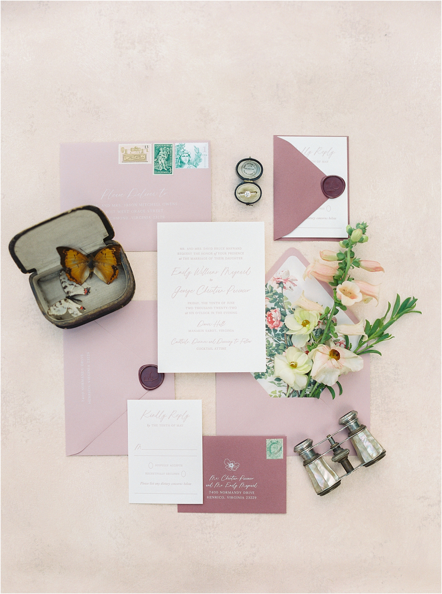 Ivy and Linen Stationary Suite Wedding Butterfly Poppies Inspired Design
